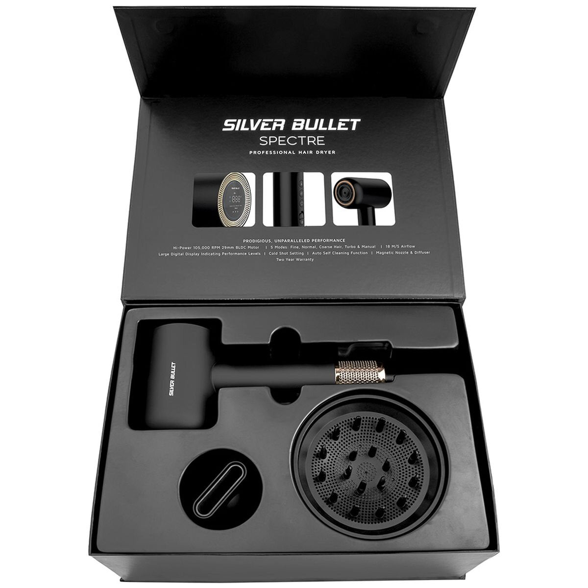 Silver Bullet Spectre hair dryer - 1600W to 2000W motor, five modes, ionic - 900583