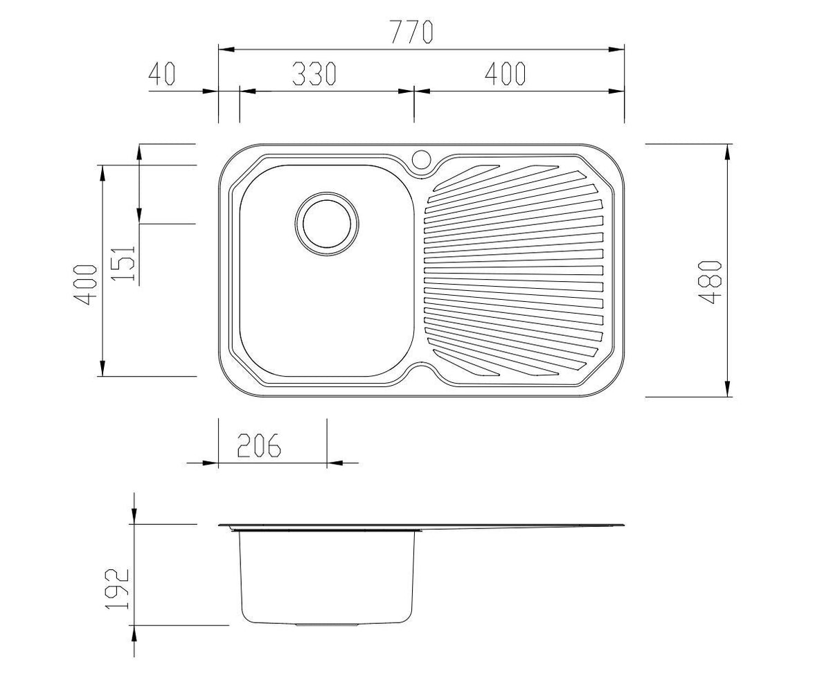 Oliveri Petite 770mm Single Bowl Topmount Sink - Right Hand Drainer, Colander and Chopping Board - PE321