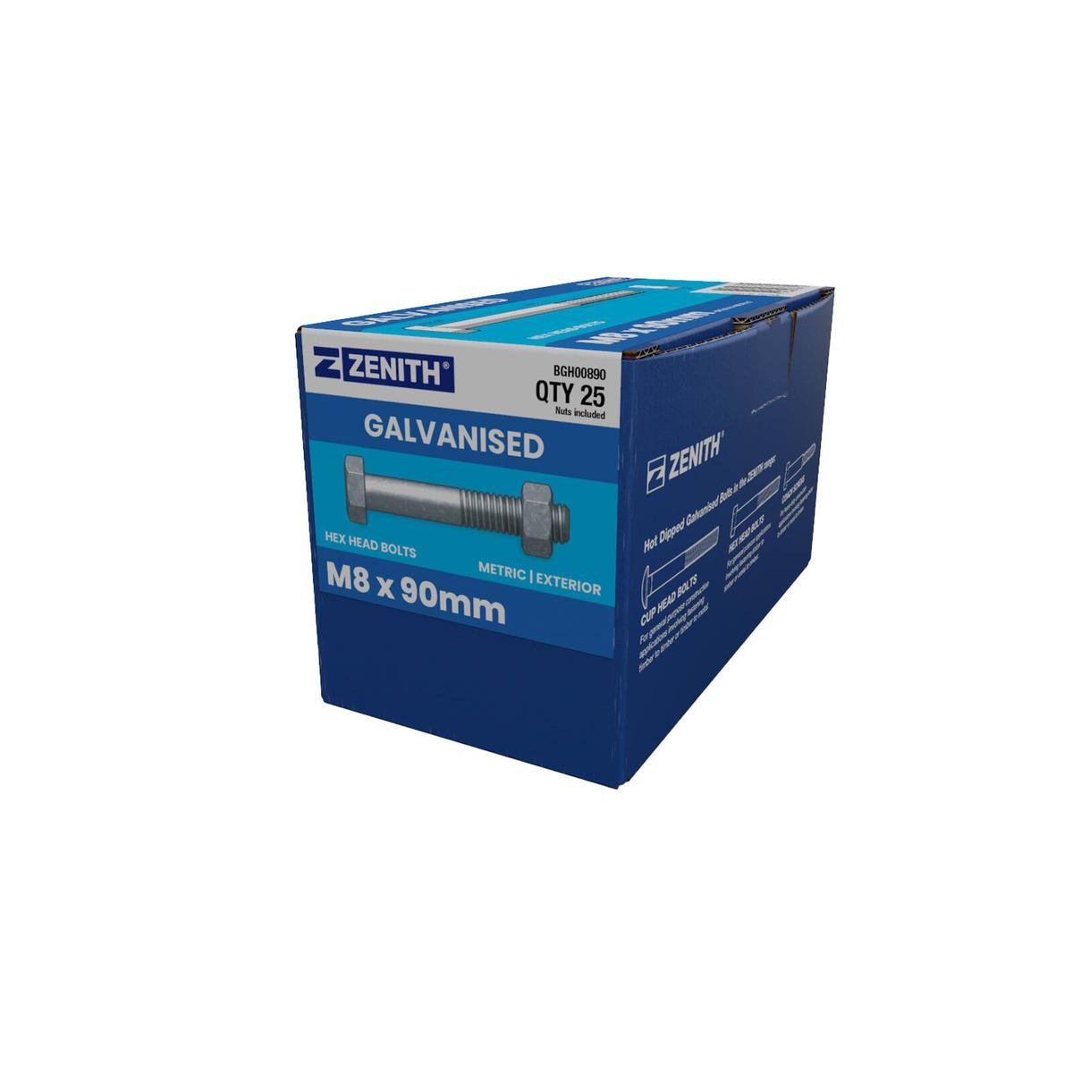Zenith Hot Dip Galvanised Hex Head Bolts and Nuts M8 x 90mm 25 Pack - SuperSaverAU - view 1