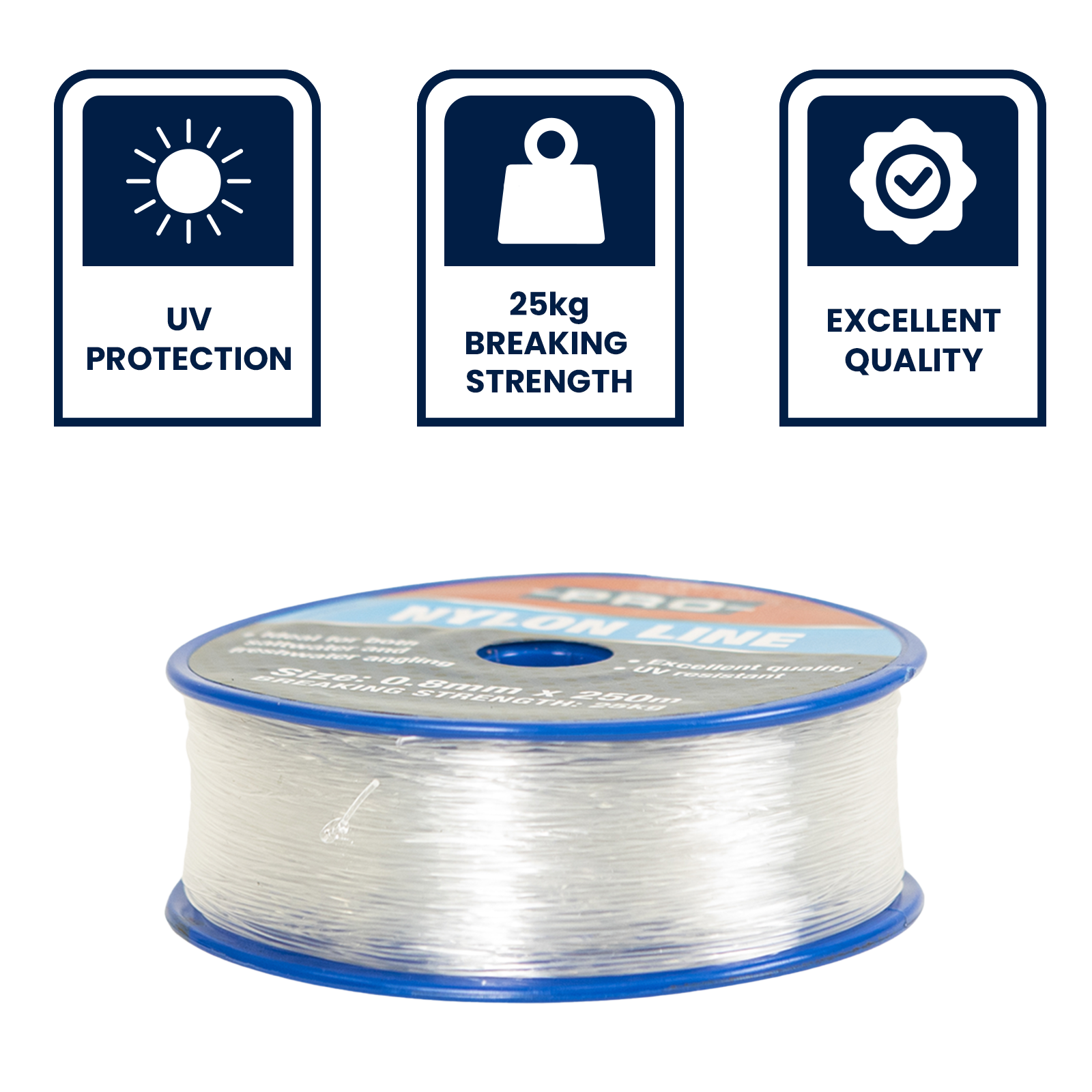 Grunt 0.8mm x 250m Nylon Fishing Line, Clear, Weather Resistant, 25kg Break Strength