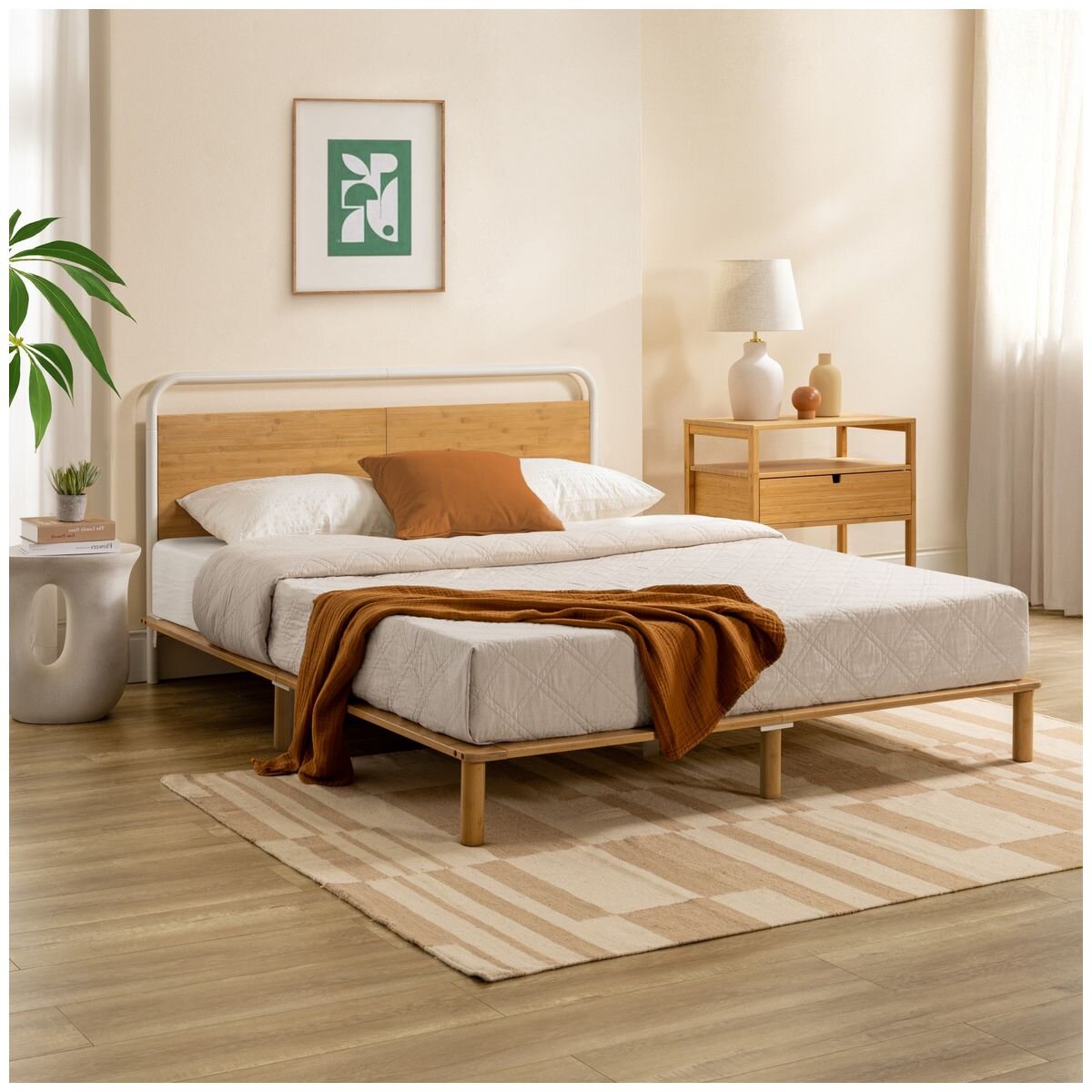 Zinus Double Bamboo Bed Frame - Natural Bamboo, Powder-Coated Steel, Curved Pipe Headboard - AU-FPWNH9ZC-08D