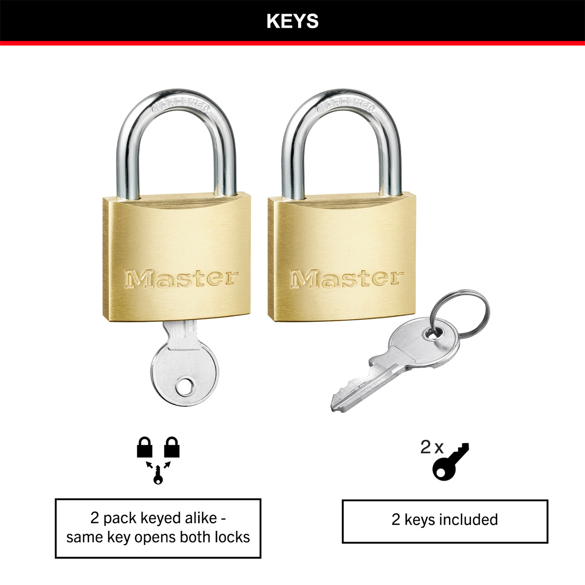 Master Lock 40mm Solid Brass Keyed Padlock, 2 Pack Keyed Alike, Hardened Steel Shackle