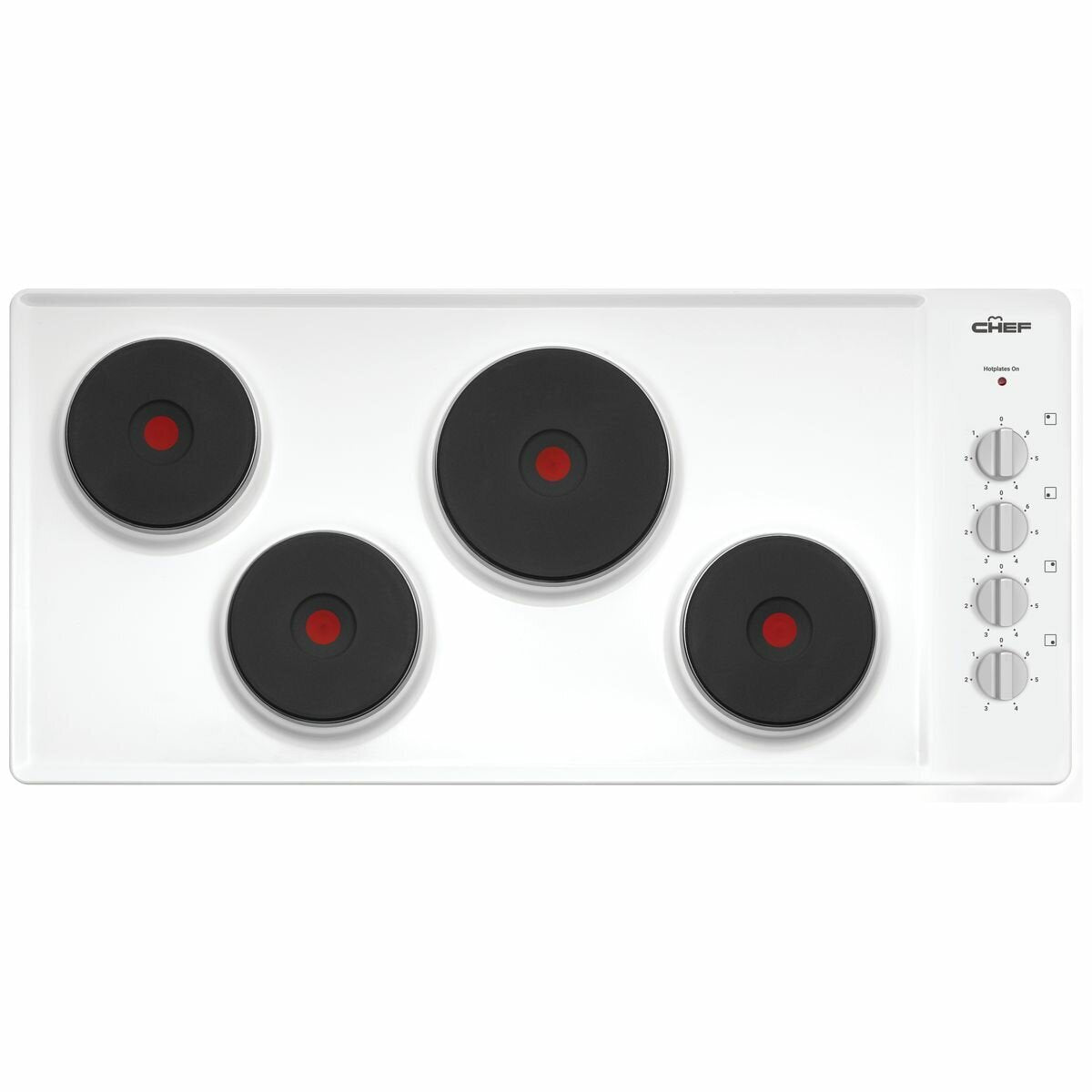 Chef 90cm electric cooktop - 4 solid hotplates, white enamel finish, side controls - CHS942WB