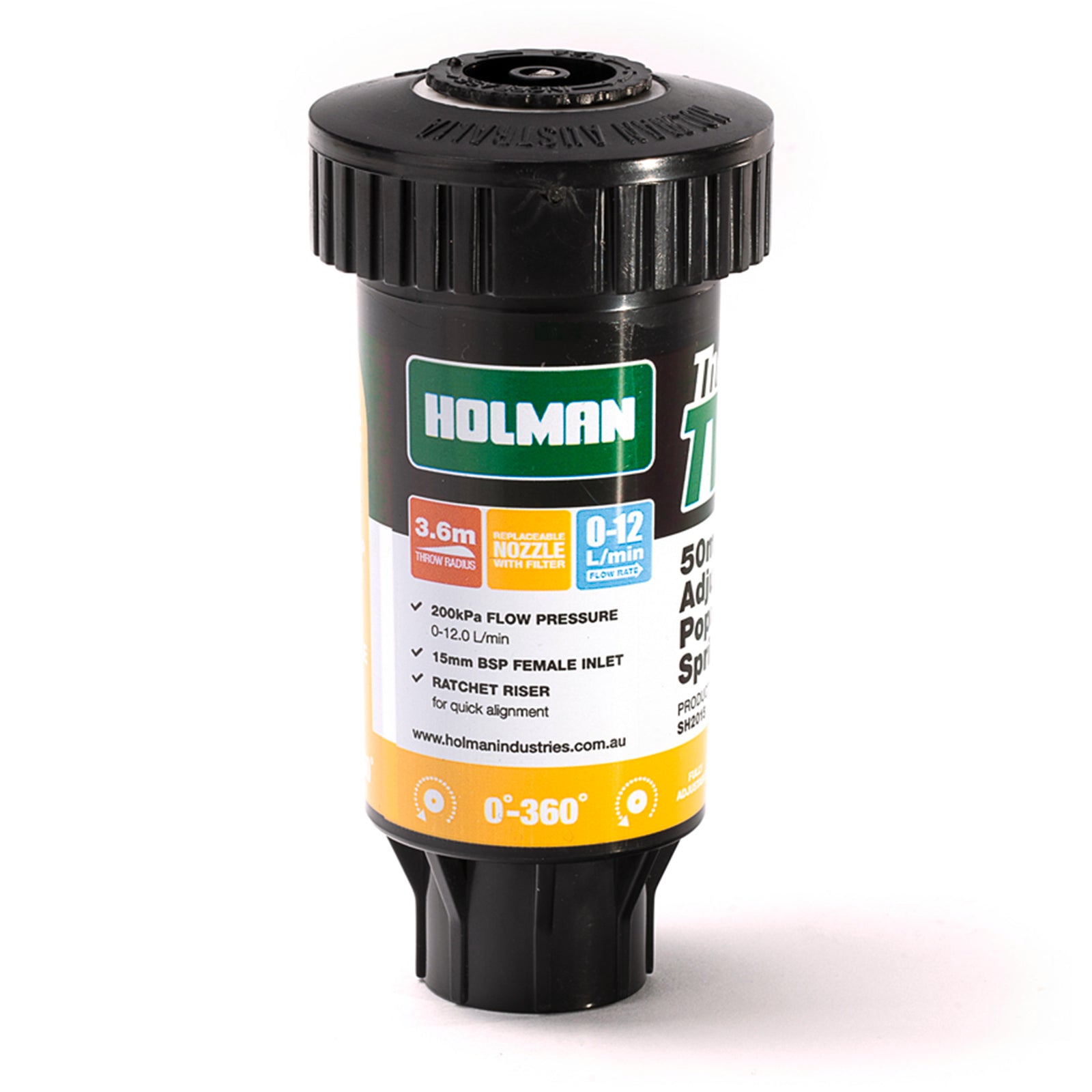 Holman 50mm TWISTA Adjustable Pop Up Sprinkler - 0-360 Degree, 15mm BSP, 800 kPa, Black