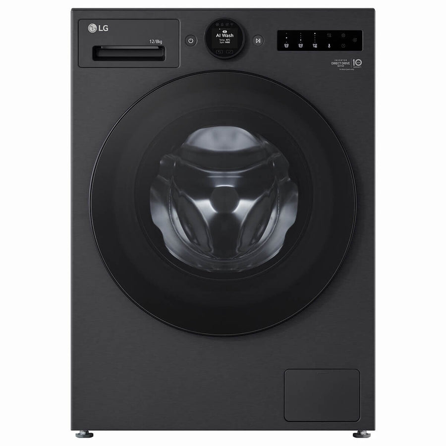 LG Series 10 12kg/8kg Front Load Washer Dryer Combo - Autodose, Steam Plus - Matte Black - WXC101412MB