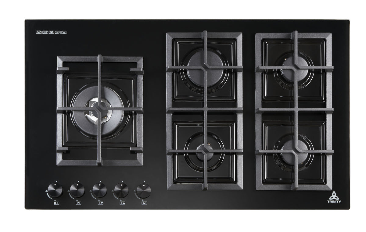 Trinity 90cm 5 Burner Gas Cooktop - Black Tempered Glass - Wok Burner - Cast Iron Trivets - TRG900BK