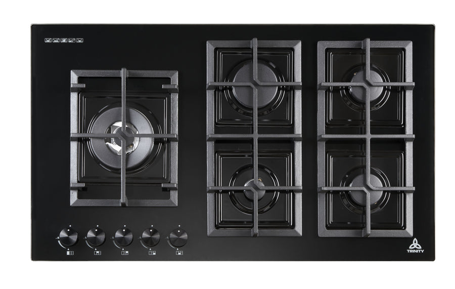 Trinity 90cm 5 Burner Gas Cooktop - Black Tempered Glass - Wok Burner - Cast Iron Trivets - TRG900BK