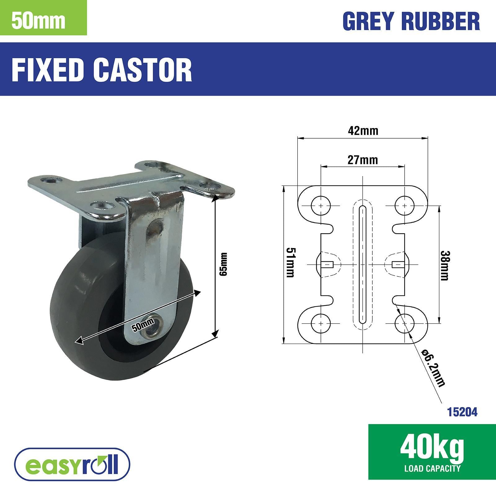 Easyroll 50mm Grey Rubber Fixed Plate Castor, Indoor, 40kg