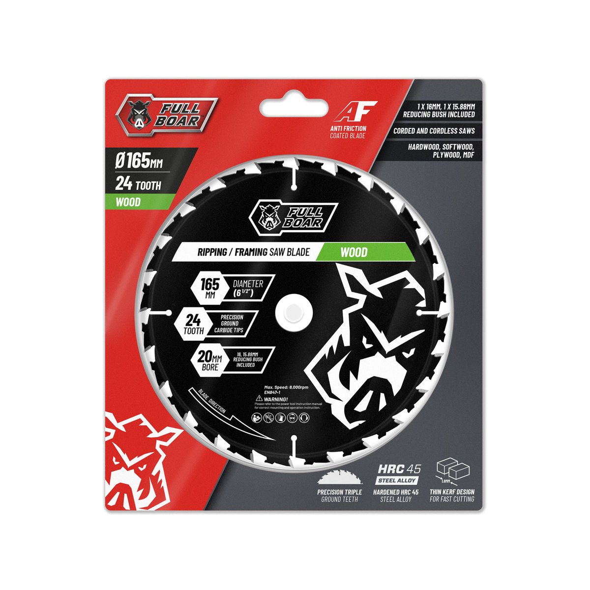 Full Boar Circular Saw Blade 165mm 24t - Trade Series - Steel