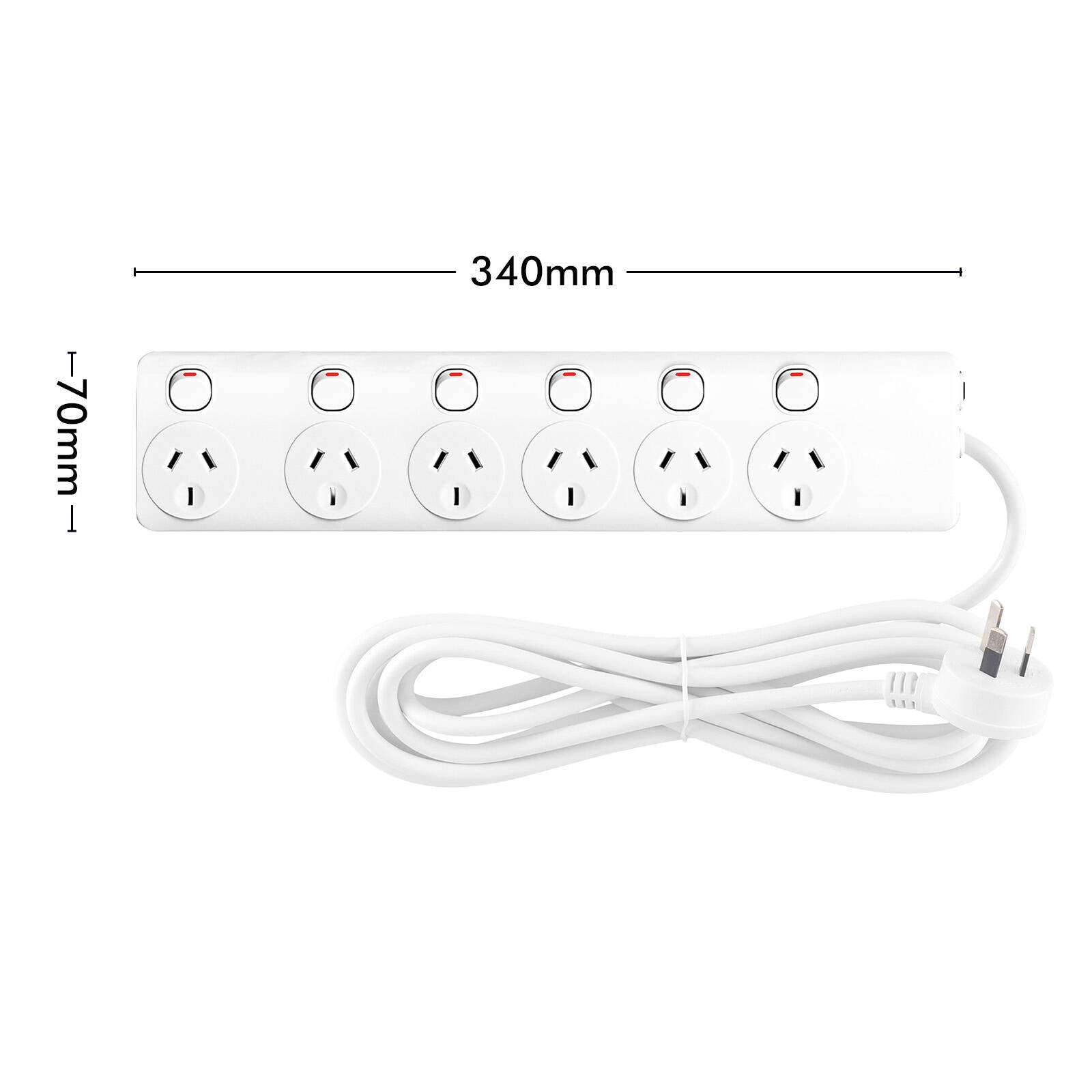 Arlec 6 Outlet Individually Switched Powerboard 1.8m White with Overload Protection PB66B-L