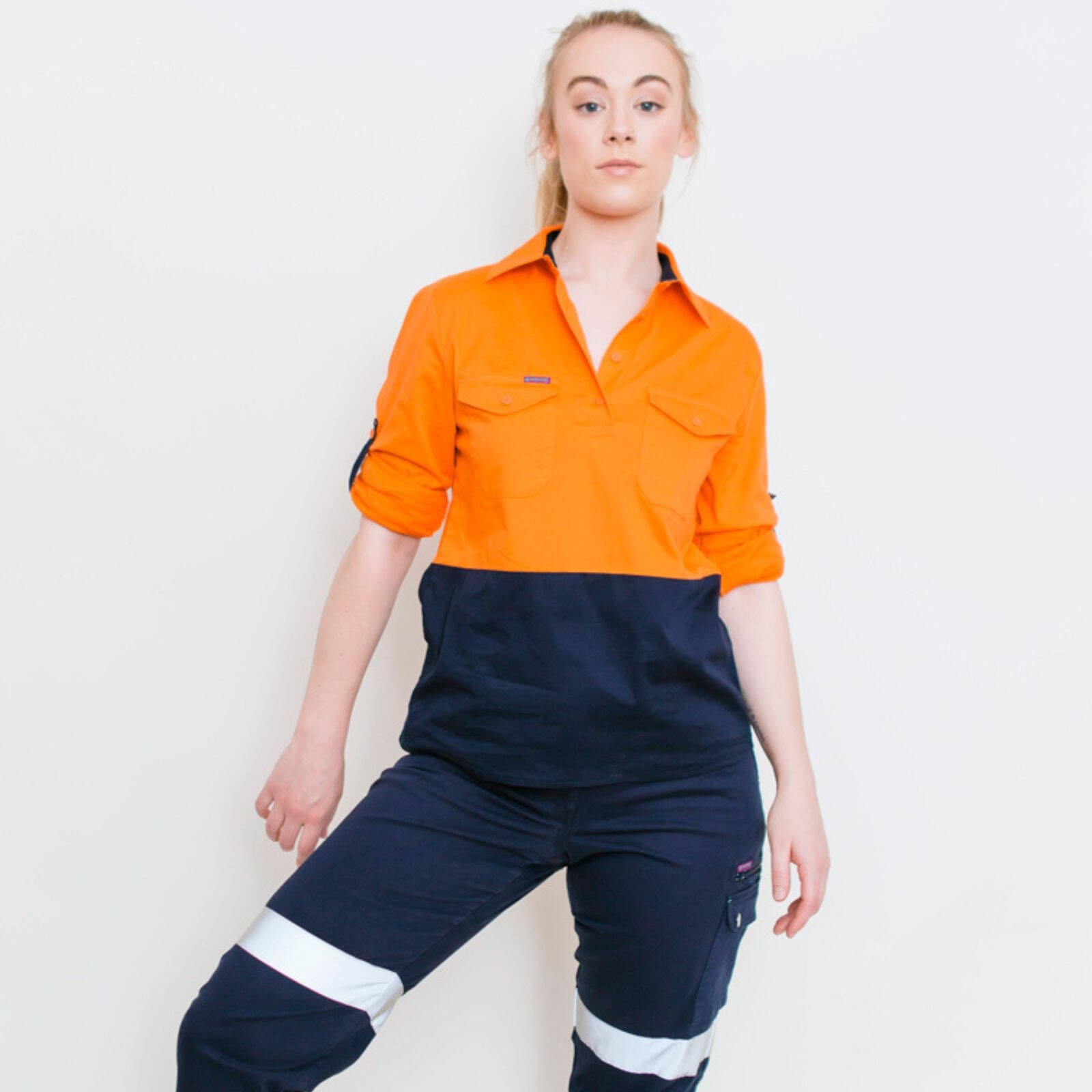 Green Hip Long Sleeve HiVis Shirt Orange/Blue Size 14 Women's