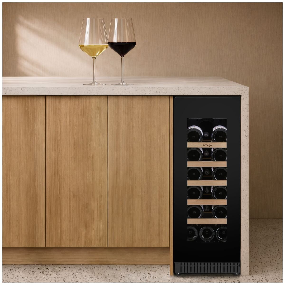 Omega 18 Bottle Single Zone Wine Cabinet - Black, Triple Glazed UV Glass, Built-In or Freestanding - OCW18SB
