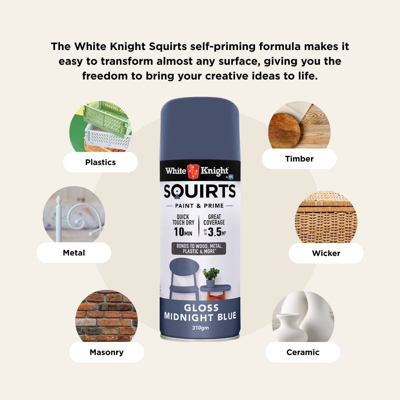 White Knight Squirts Midnight Blue Gloss Spray Paint 310g - Solvent-Based, Waterproof