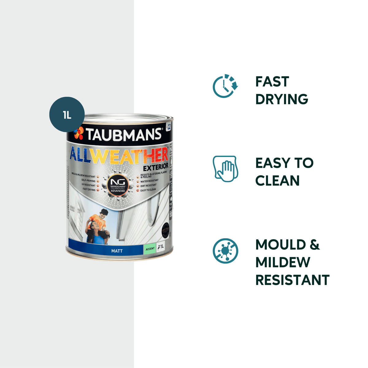 Taubmans 1L Accent Matt All Weather Exterior Paint - 1L - Untinted - SuperSaverAU - view 2