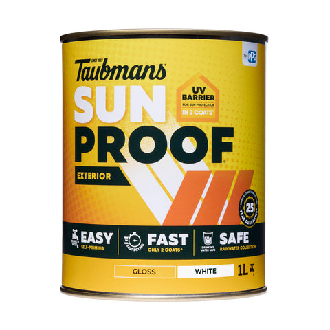 Taubmans Sunproof 1L White Gloss Exterior Paint - Water Based Acrylic, Tintable