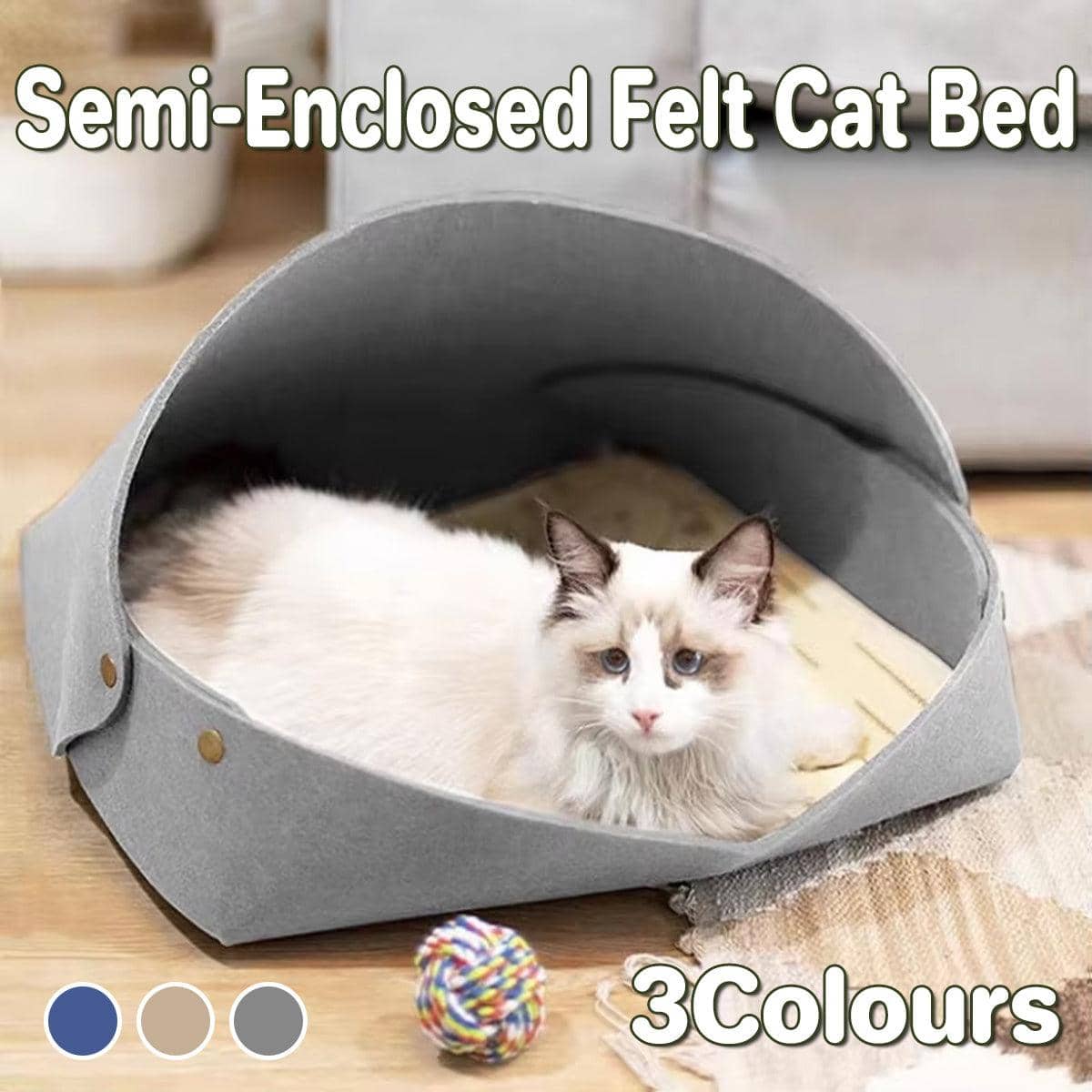 Felt Cat Bed Foldable Semi-Enclosed Sleeping House - Grey - view 2