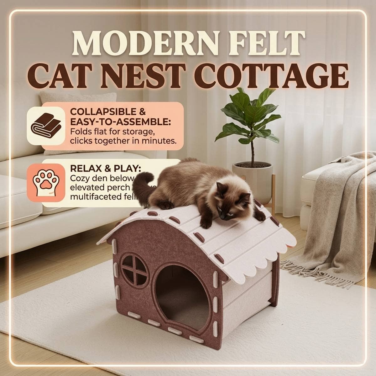 Felt Cat House Cottage Bed, Semi Enclosed and Scratch Resistant