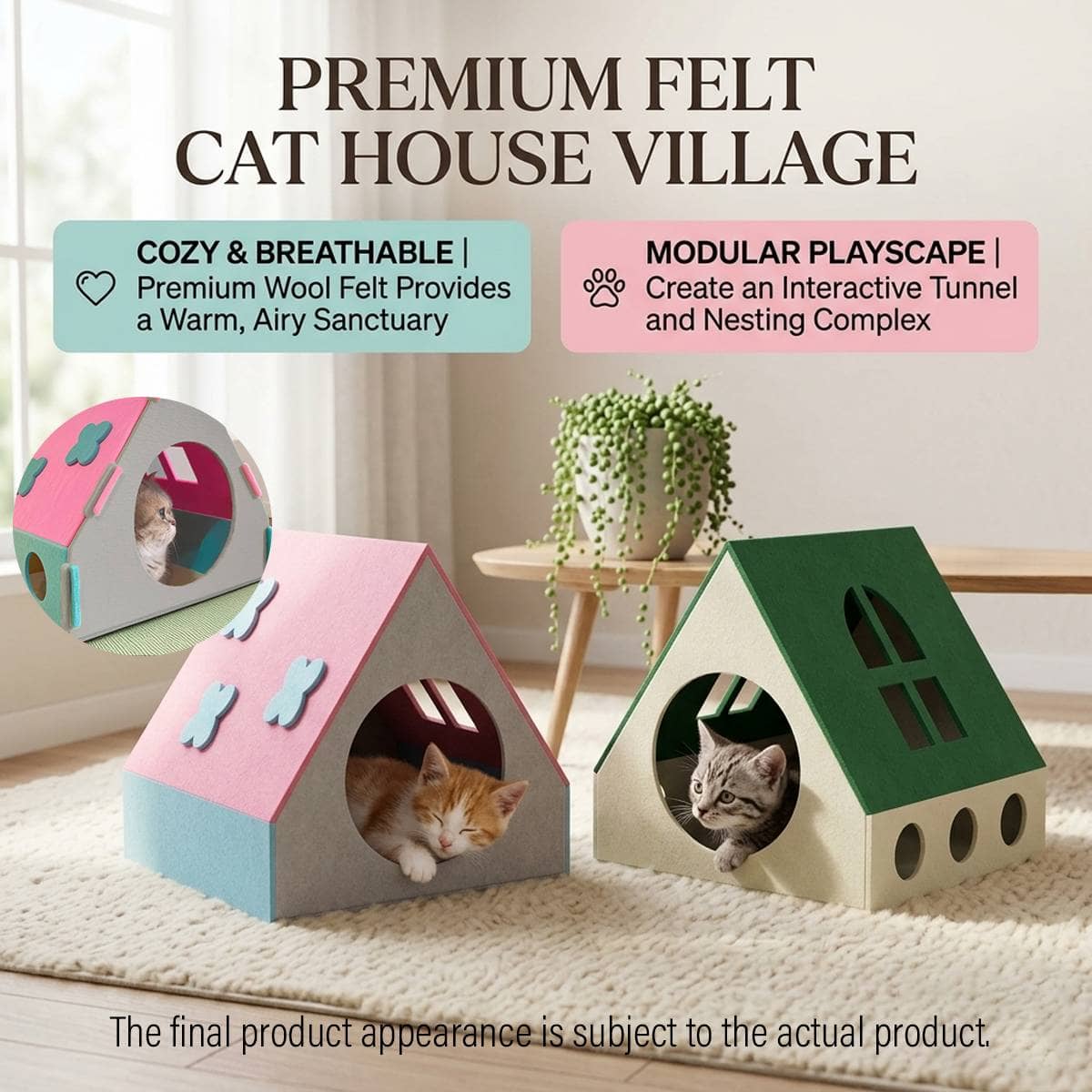 Felt Cat House Villa for Indoor Cats, Semi Enclosed Kitten Bed - Pink - view 2