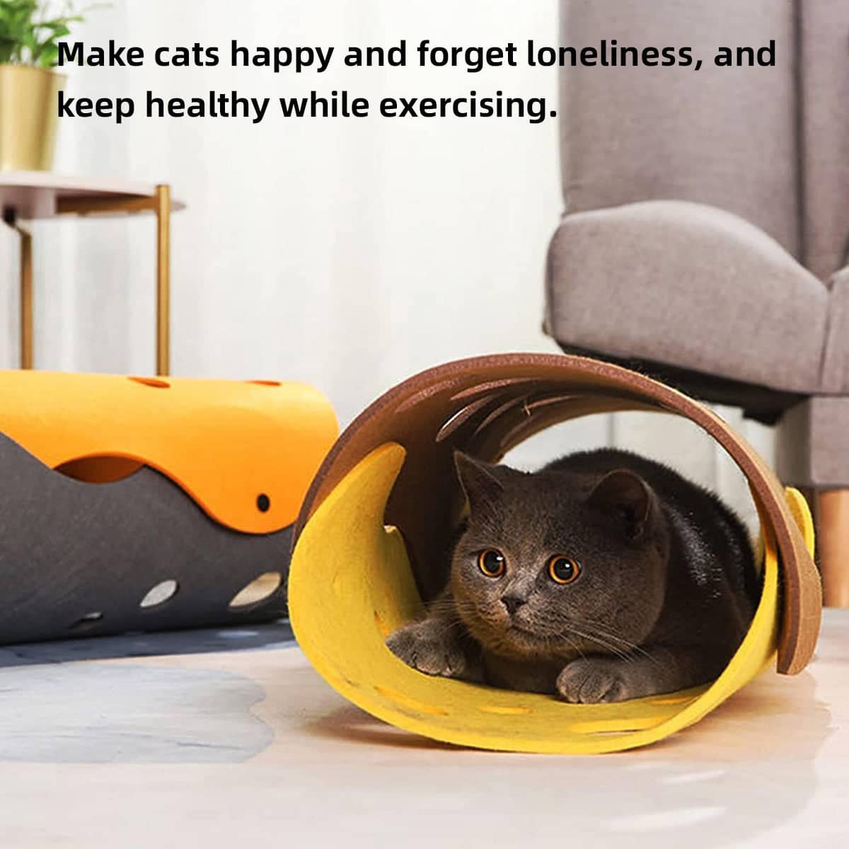 Felt Cat Tunnel Bed with Drill Holes - Yellow and Brown - view 5