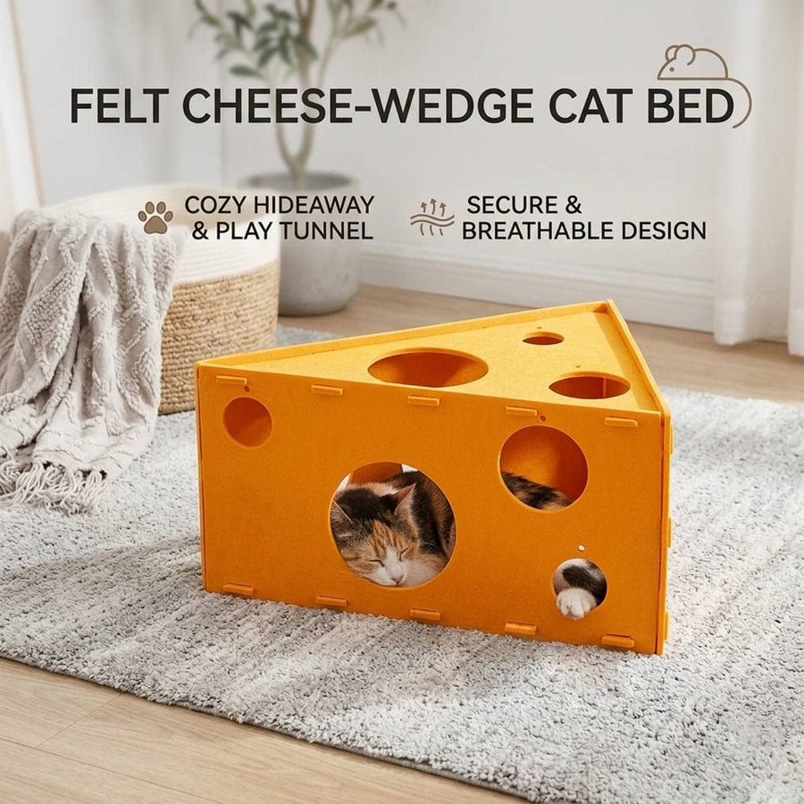 Felt Cheese Wedge Cat Bed Hideaway with Play Holes, Yellow Orange