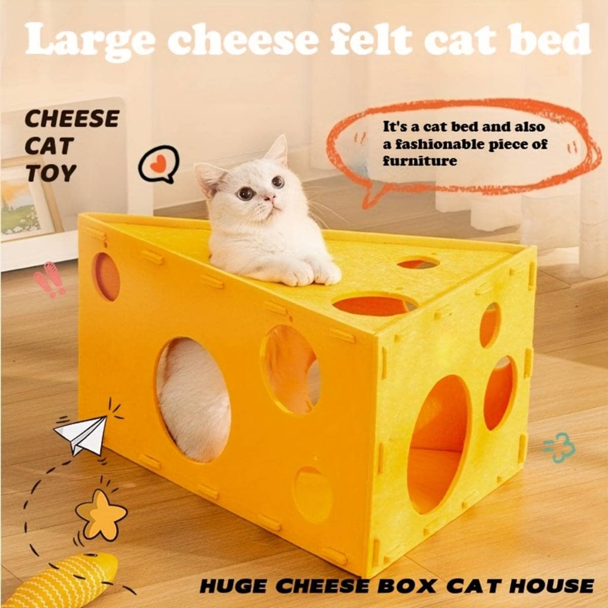 Felt Cheese Wedge Cat Bed Hideaway with Play Holes, Yellow Orange - view 4