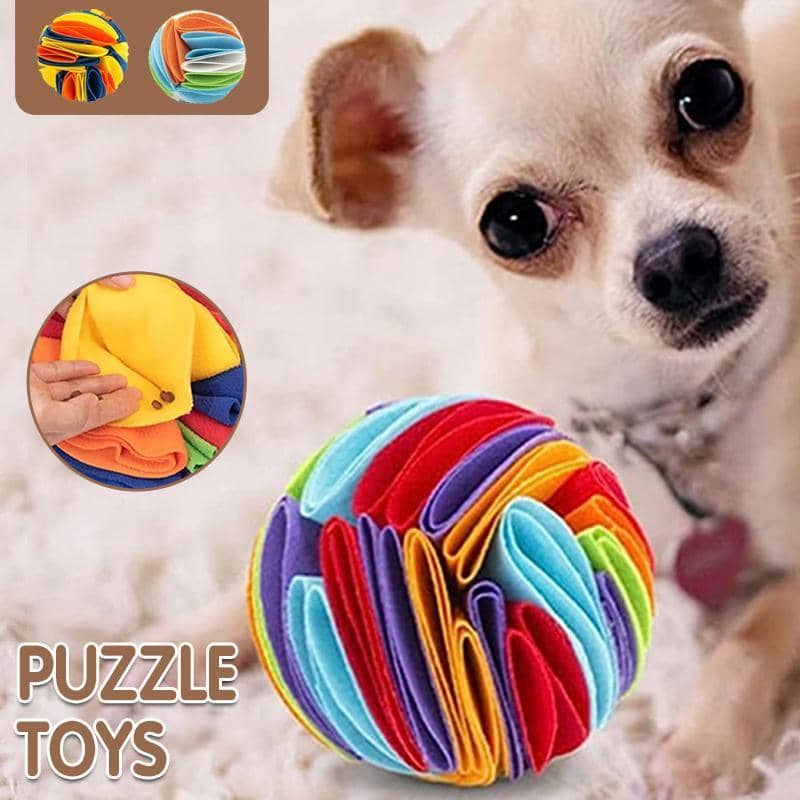 Felt Snuffle Ball Dog Puzzle Toy, Slow Feeder - Yellow, Orange and Dark Blue - view 2