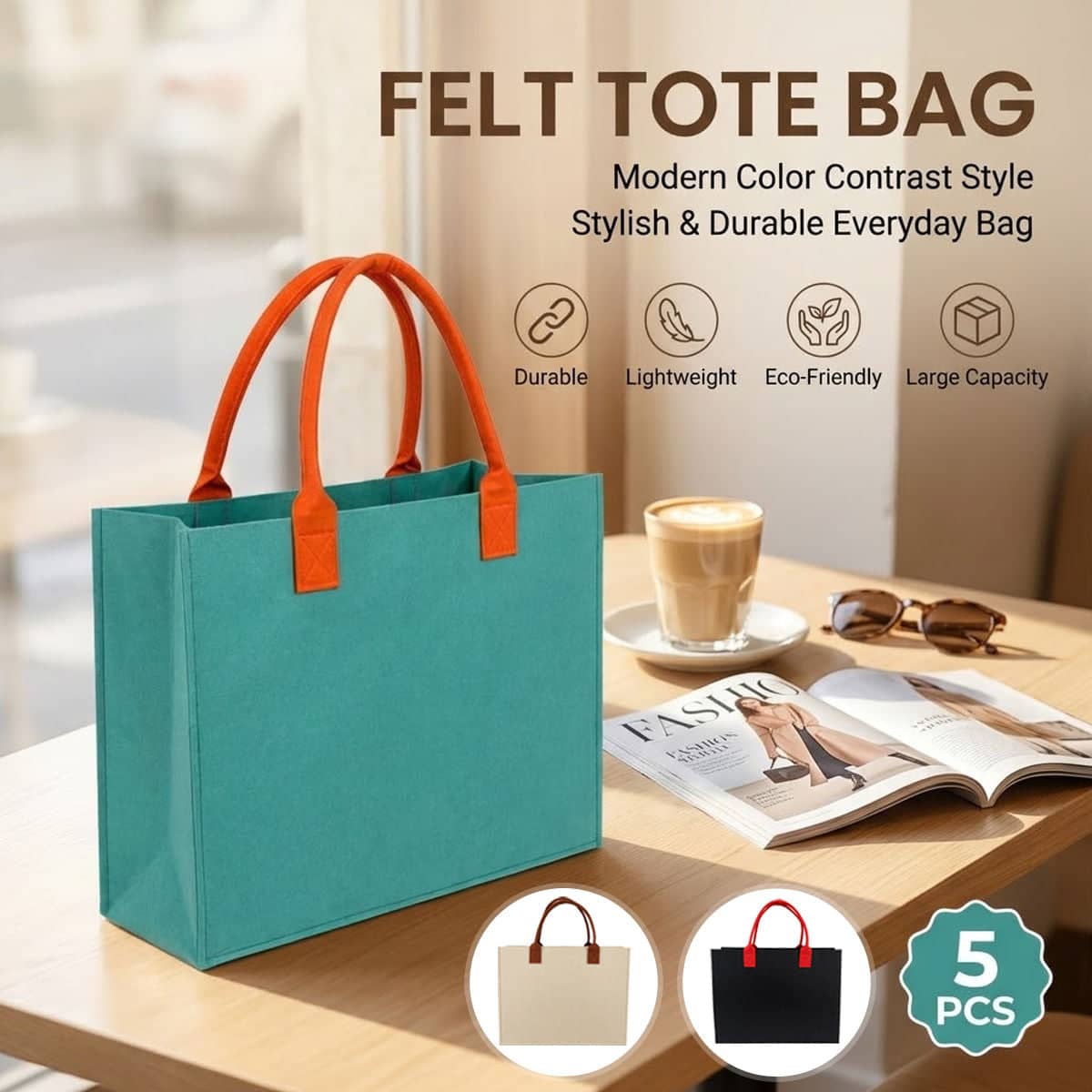 Felt Tote Bags with Contrast Handles, Pack of 5 - Khaki with Brown Handles - view 2