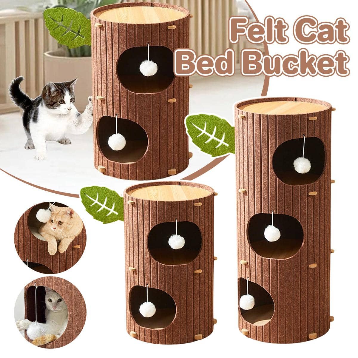 Felt Tree Trunk Cat House Multi Layer Cat Bed with Hanging Ball Toy - Three Layer - view 2
