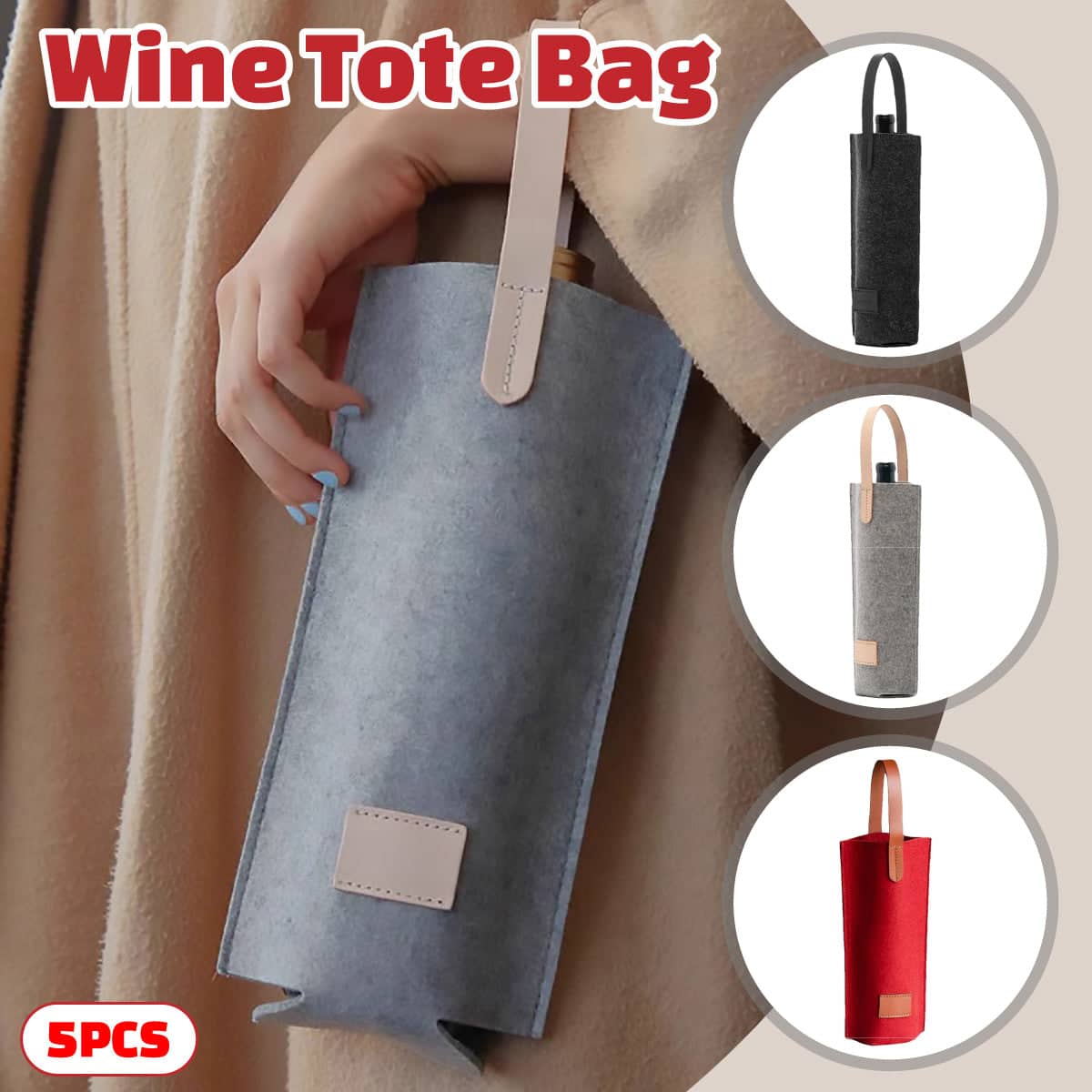 Felt Wine Bottle Tote Bag with Leather Handle - Red - view 2