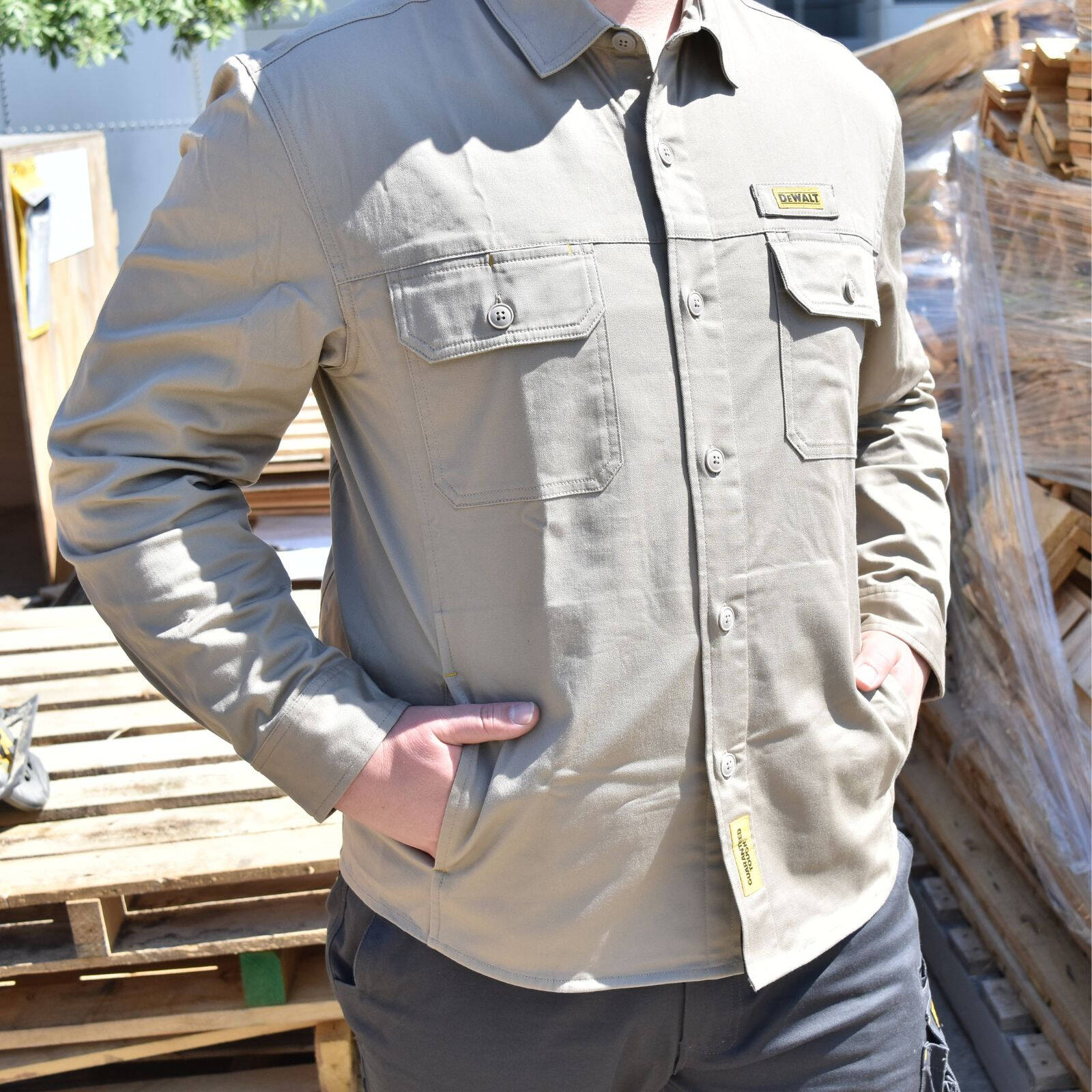 DeWALT Granite Long Sleeve Button Up Work Shirt - Khaki, Size XXL, 97% Cotton