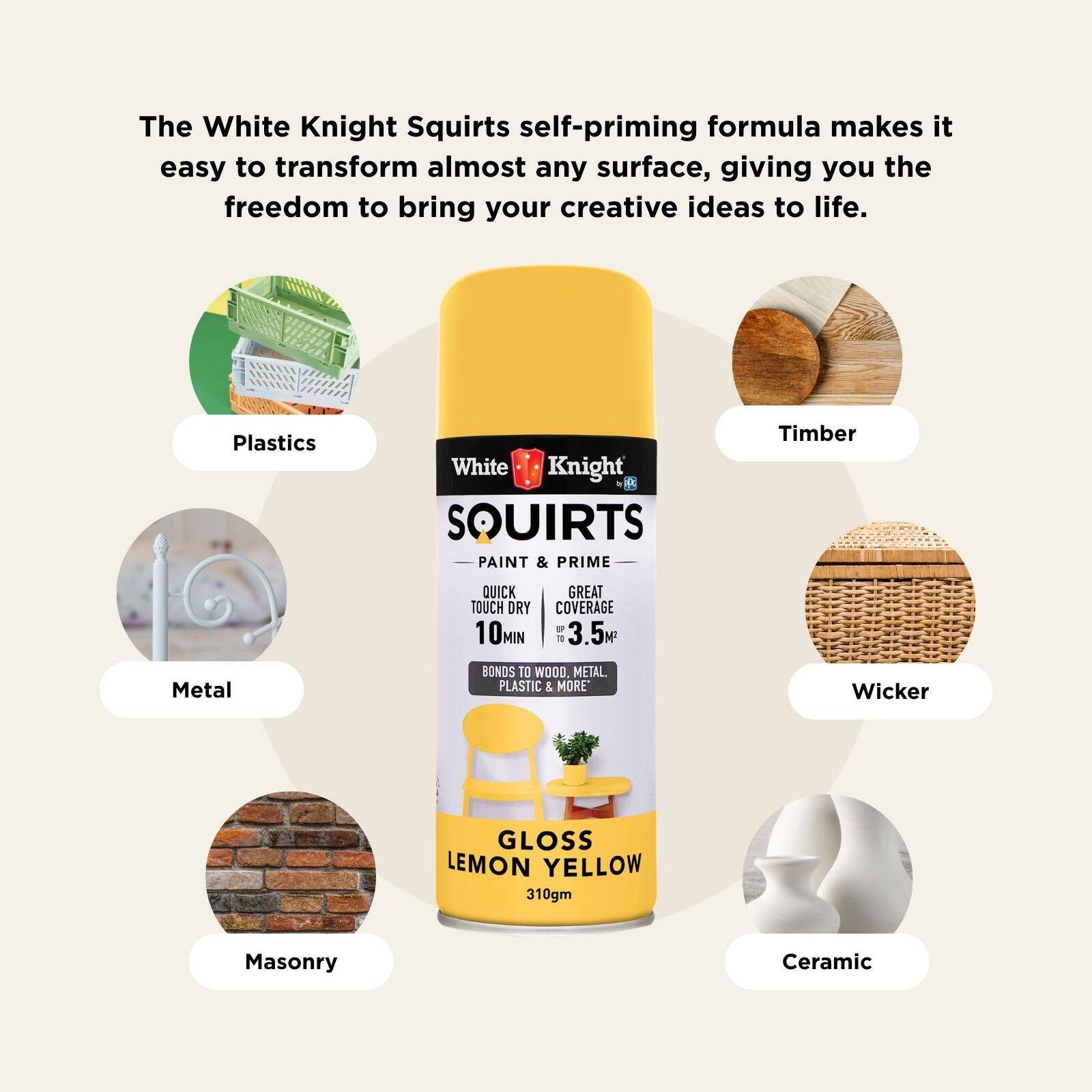 White Knight Squirts 310g Lemon Yellow Gloss Spray Paint - Indoor/Outdoor