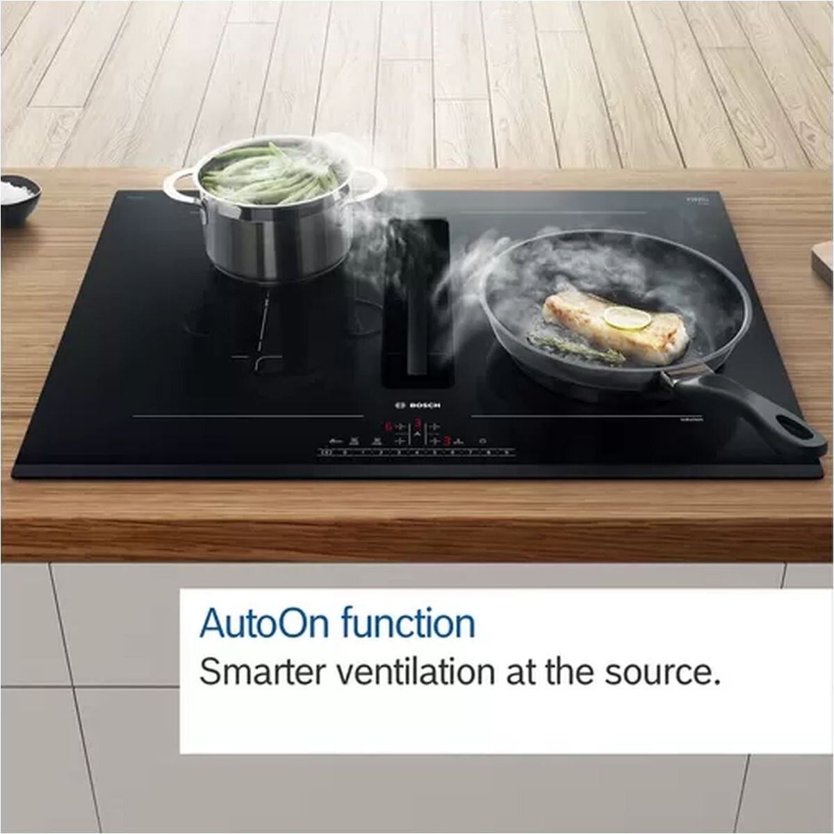 Bosch 80cm Series 6 Induction Cooktop with Downdraft Ventilation - Black Glass, Home Connect - PVQ811H26E