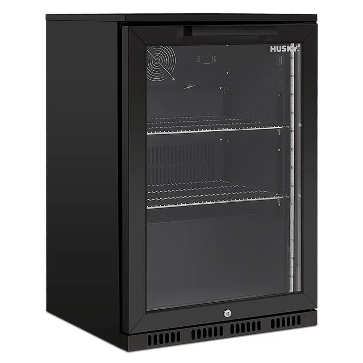 Husky 118L outdoor beverage fridge - black, lockable, anti-condensation glass door - ALFC1BLK840ELB