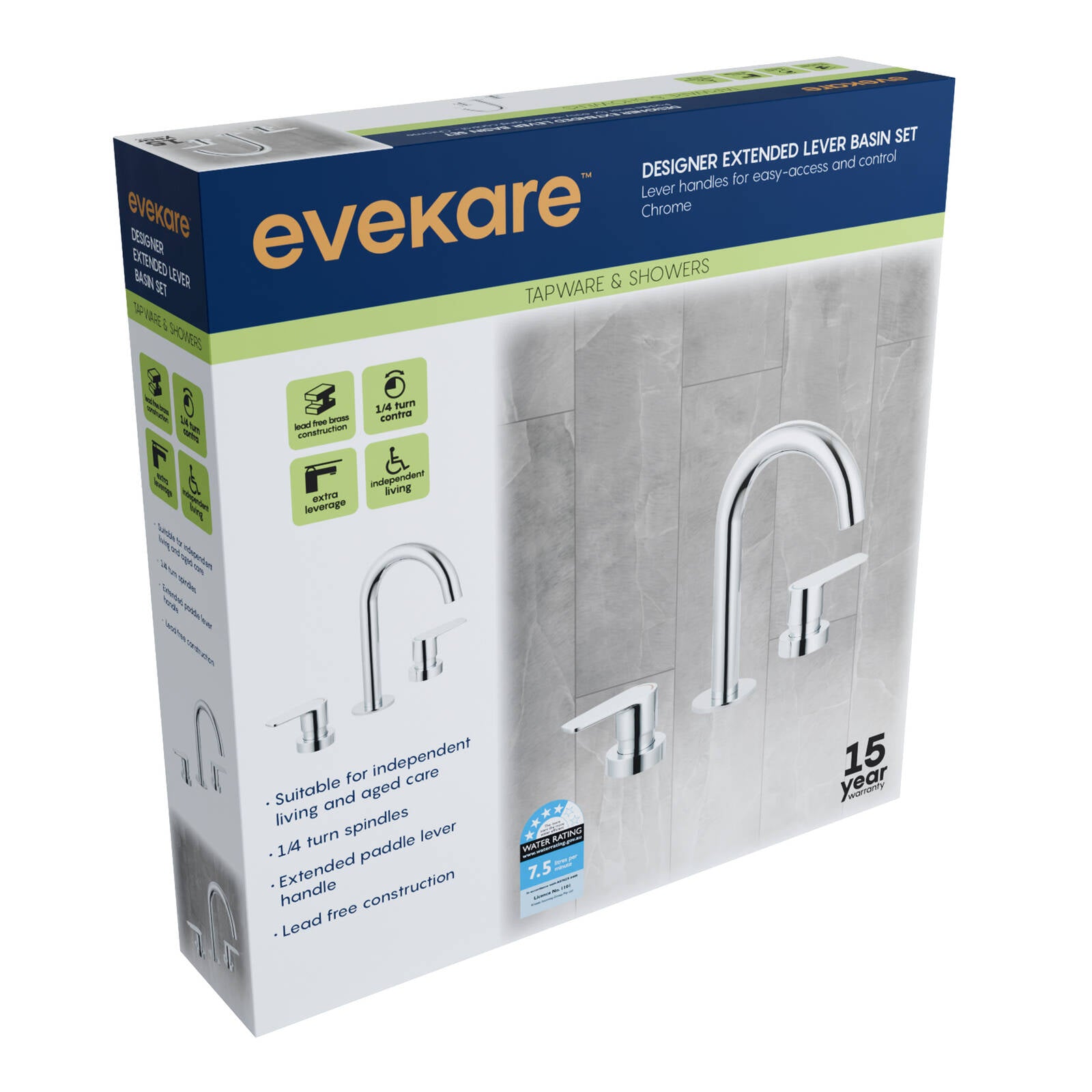 evekare Chrome 1/4 Turn Extended Lever Basin Set 4 Star WELS