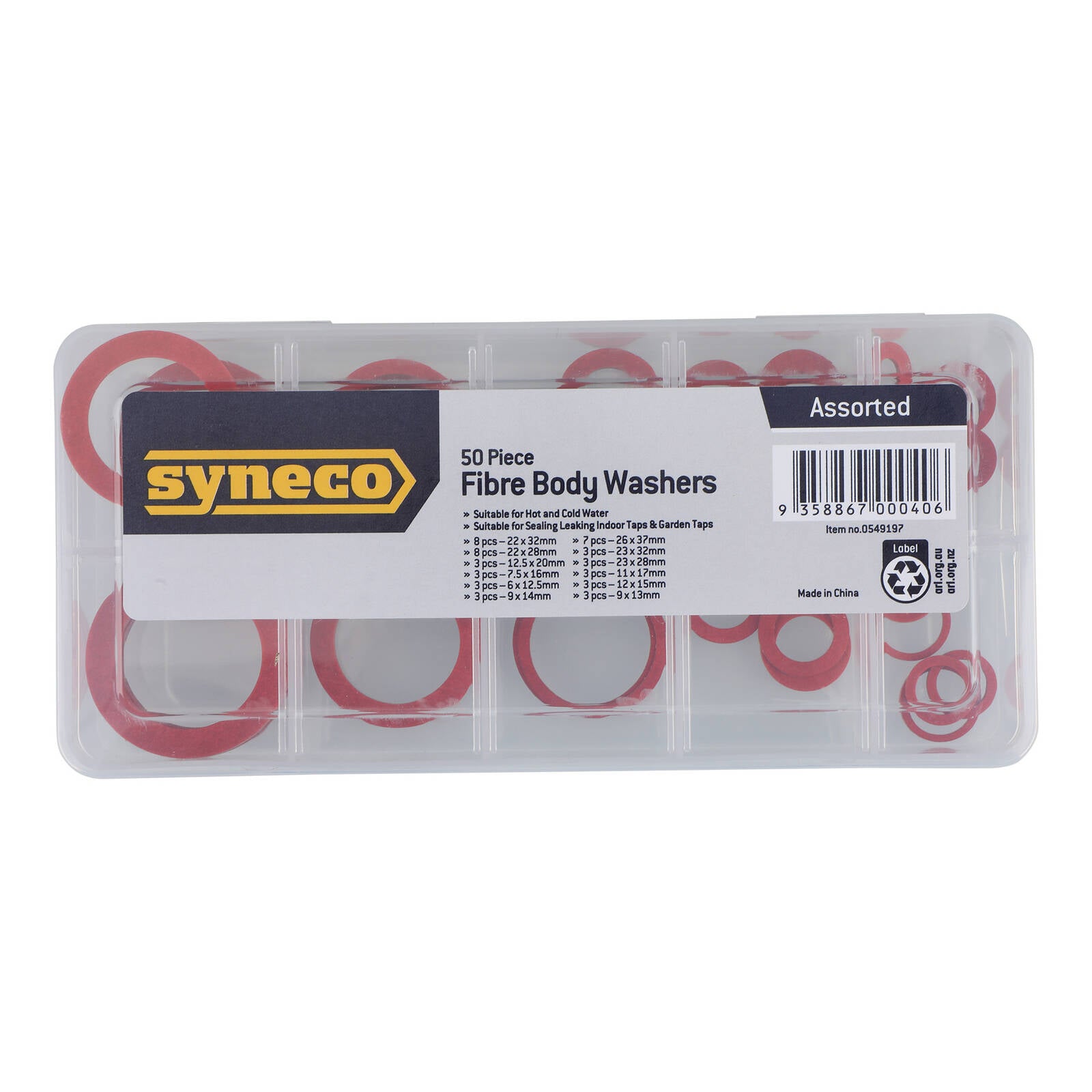 Syneco Assorted Fibre Body Washers 50 Pack Red Hot and Cold Water Tap Spindle Washers
