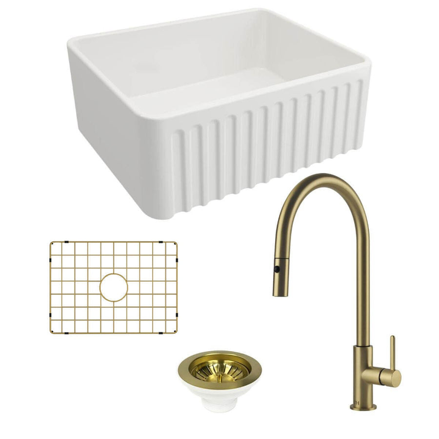 Turner Hastings Novi 60 Butler Sink Pack - Brushed Brass Naples Pull Out Mixer Tap - PKG027