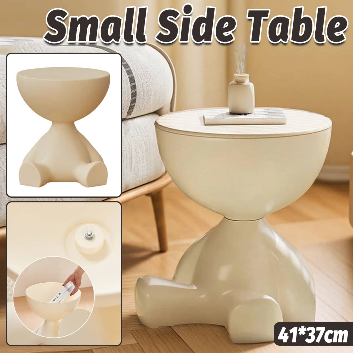 Figure-Shaped Small Side Table with Hidden Storage for Living Room and Bedroom - Cream