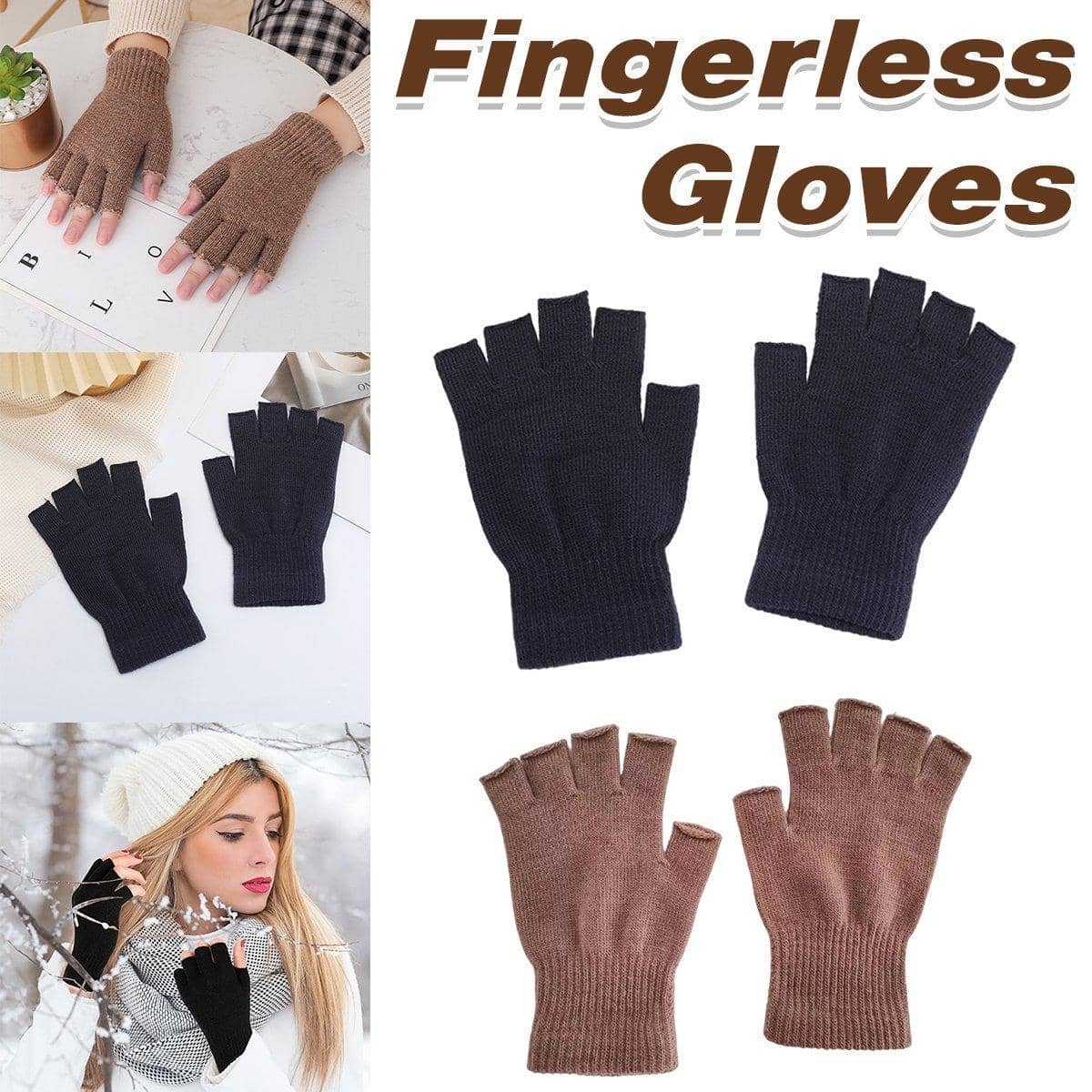 Fingerless Knit Gloves with Stretch Fit - Khaki - view 2