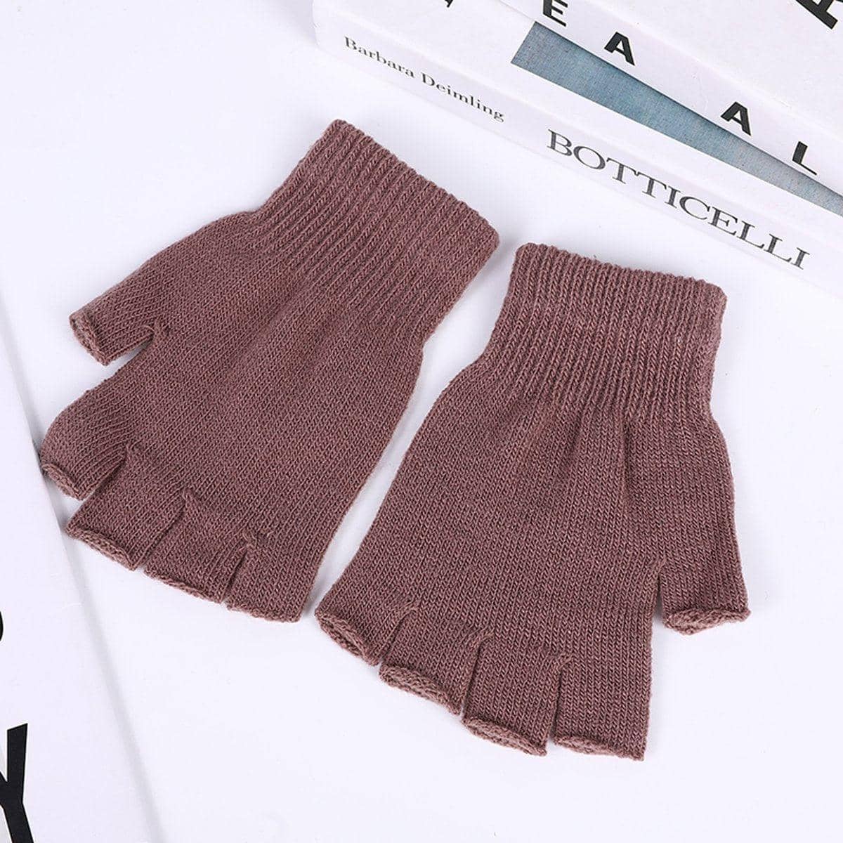 Fingerless Knit Gloves with Stretch Fit - Khaki - view 5