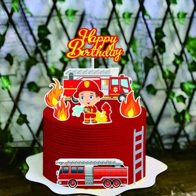 Fireman Cake Topper Set of 8, Fire Truck and Engine Happy Birthday Party Decorations