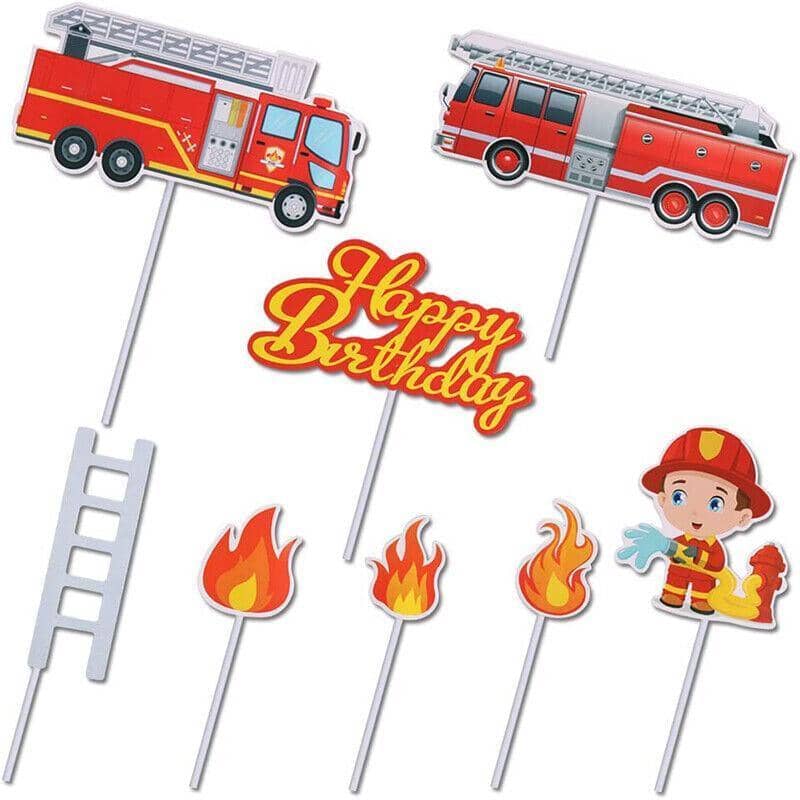 Fireman Cake Topper Set of 8, Fire Truck and Engine Happy Birthday Party Decorations - view 2