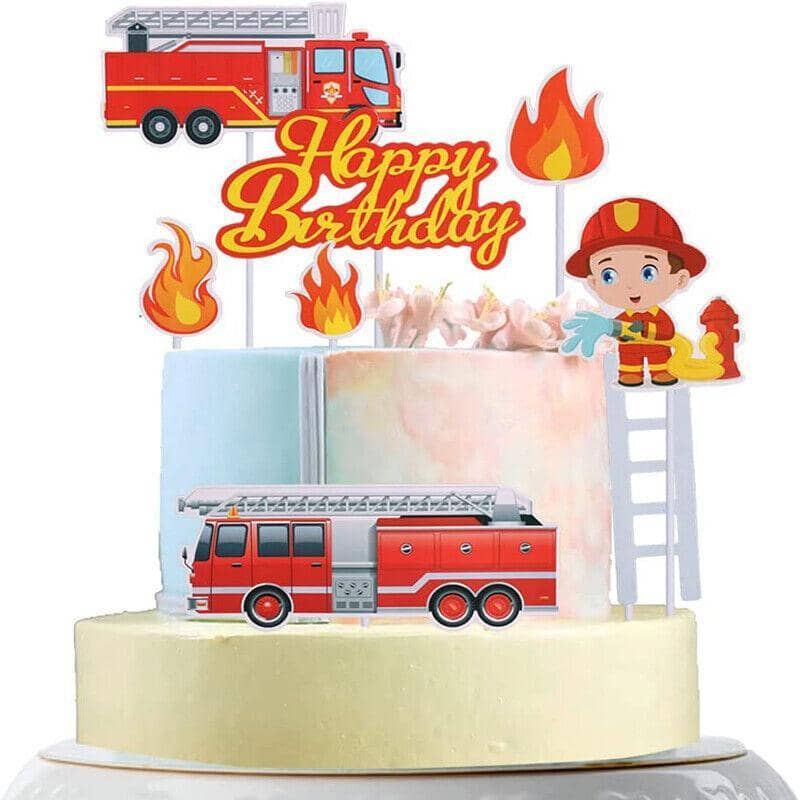 Fireman Cake Topper Set of 8, Fire Truck and Engine Happy Birthday Party Decorations - view 3