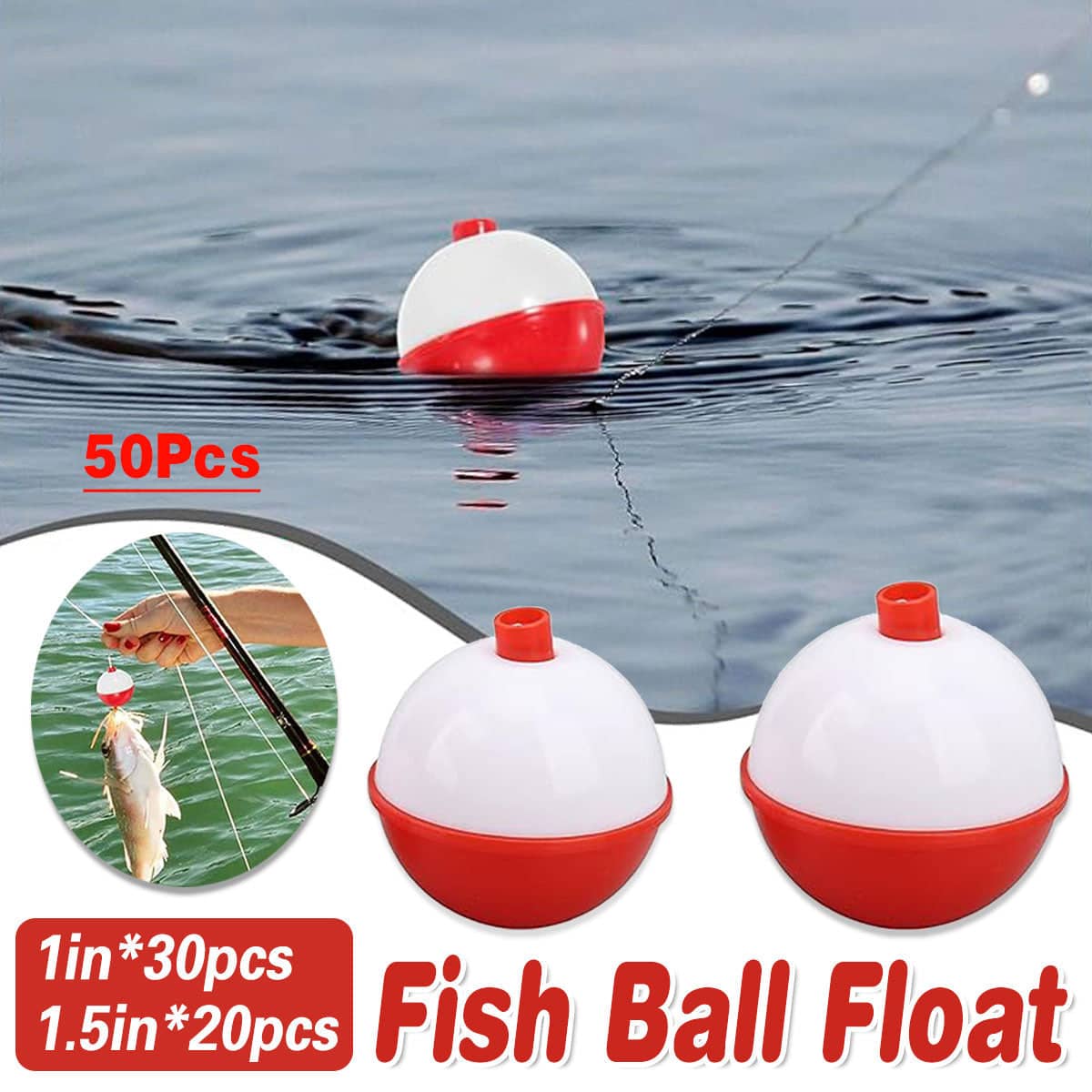 Fishing Bobbers Set, 50 Pack - Red and White Snap-On