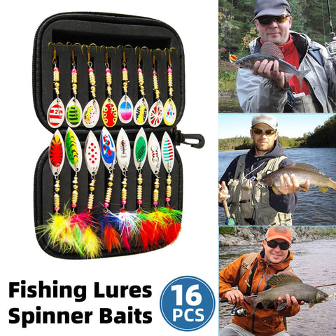 Fishing Lure Set of 16 Metal Spinner Baits for Bass and Trout, Zippered Case