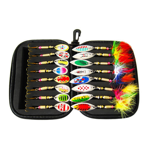 Fishing Lure Set of 16 Metal Spinner Baits for Bass and Trout, Zippered Case - view 2
