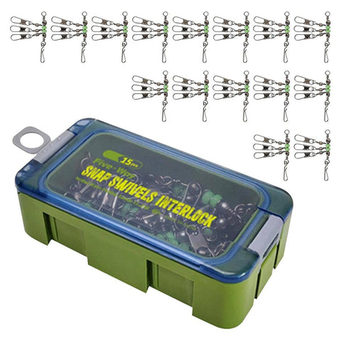Fishing Snap Swivel Rig with Green Beads and Storage Box, Pack of 15 - 3.3 x 4.5 cm