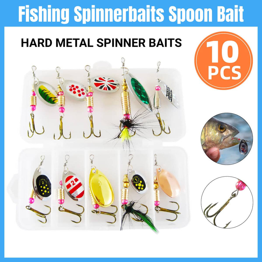 Fishing Spinner Lure Set with Feather Treble Hooks and Tackle Box - Pack of 10