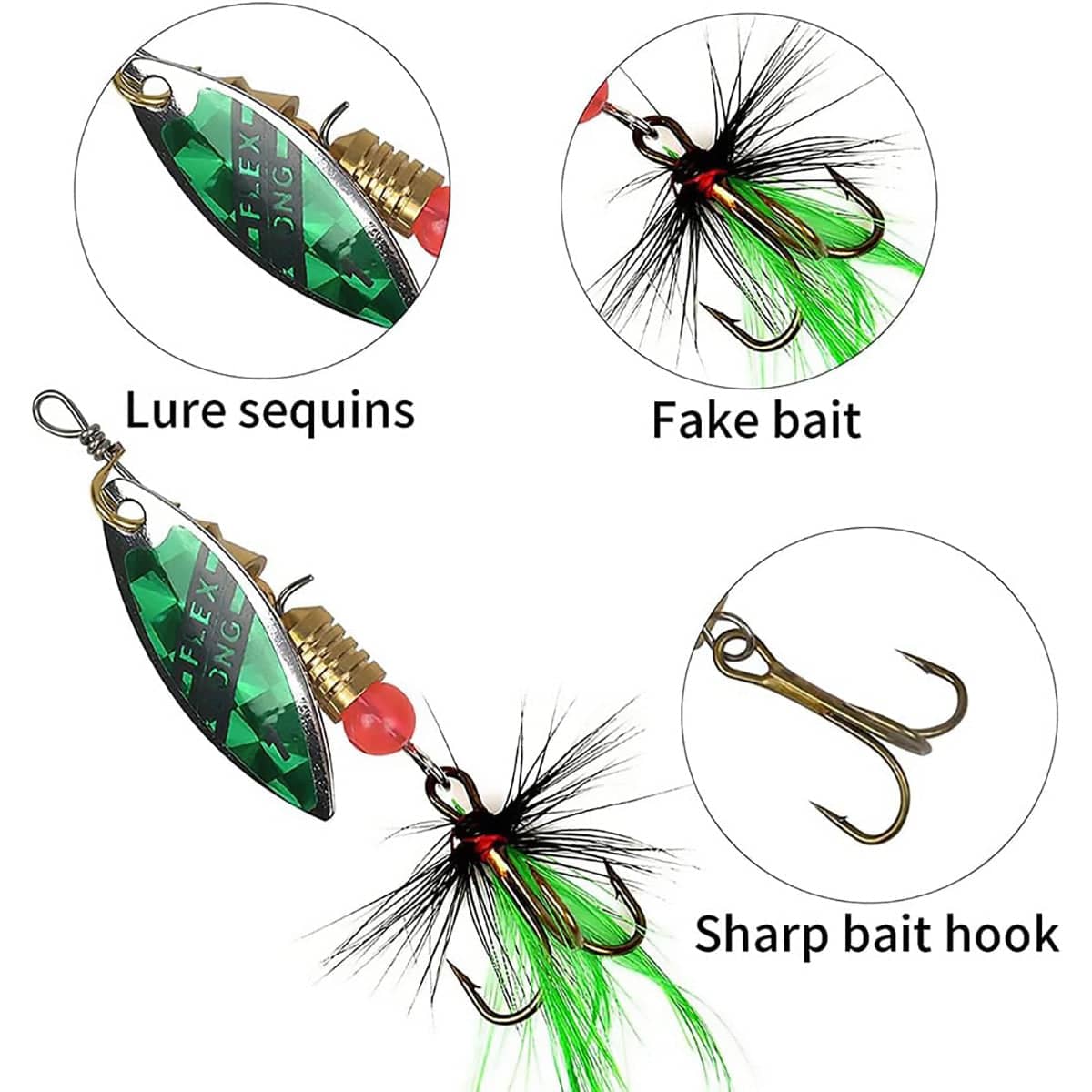 Fishing Spinner Lure Set with Feather Treble Hooks and Tackle Box - Pack of 10 - view 4