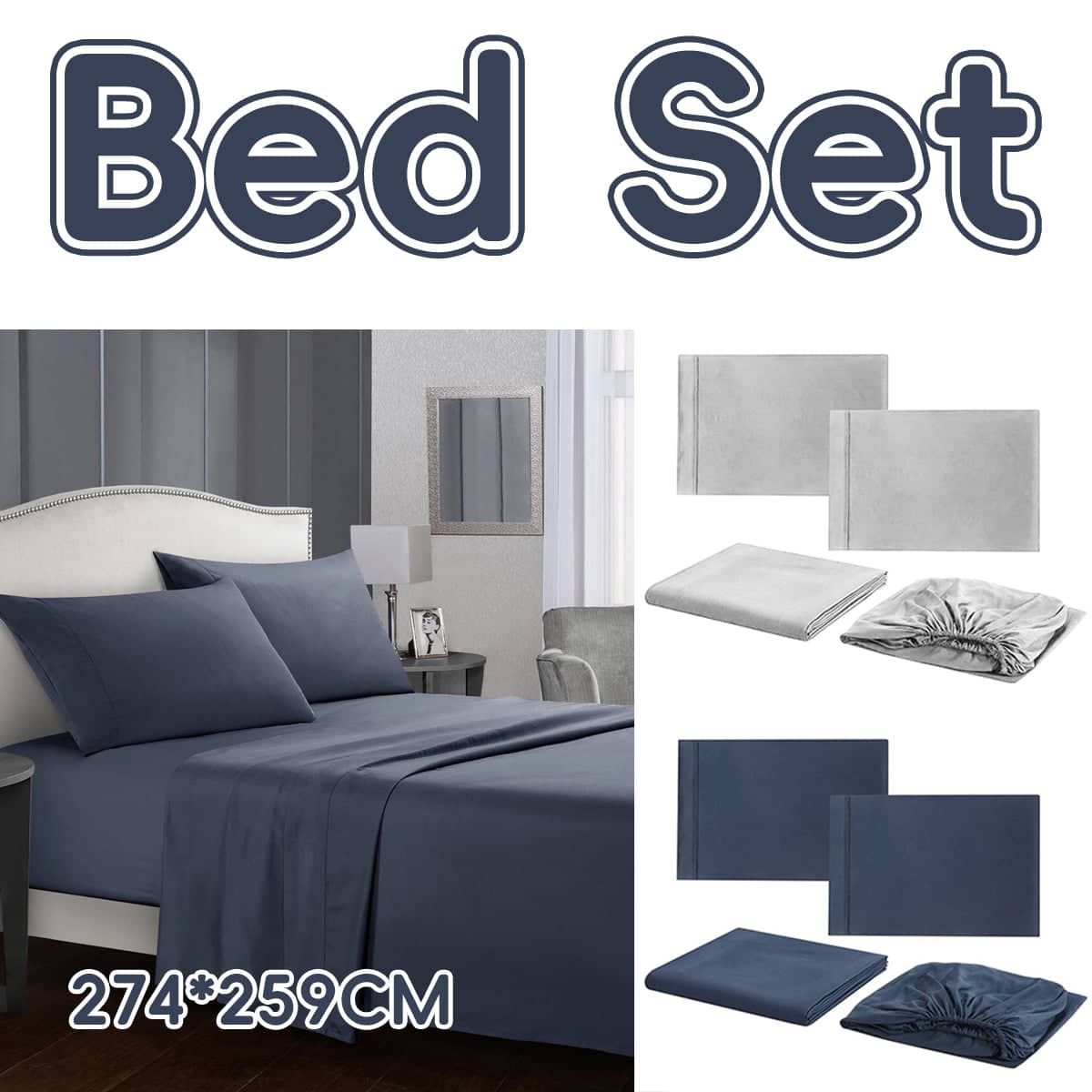 Fitted Sheet Bedding Set, 4 Piece Soft Breathable Wrinkle Resistant - Blue and Grey - view 2