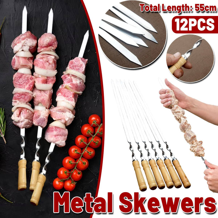 Flat Stainless Steel BBQ Skewers 55 cm with Wooden Handles, Pack of 12